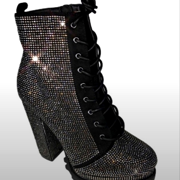 Black rhinestone embellished chunky heel platform boots booties - Picture 3 of 5
